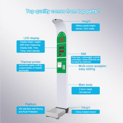 Smart AC100-240V Operazione con monete Altezza Peso Scala del corpo Vendita con stampa G.W 47kg