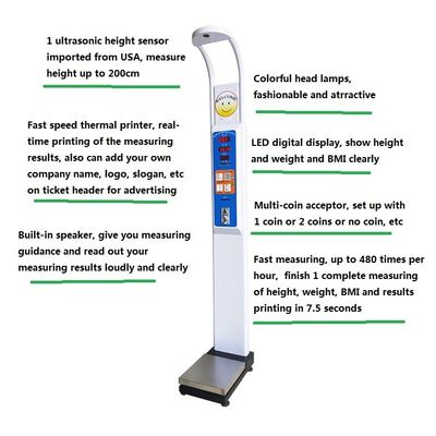 AC100-240V Fornitura di alimentazione Gamma di peso 8-200kg BMI Controllo medico Vending Scale Machine